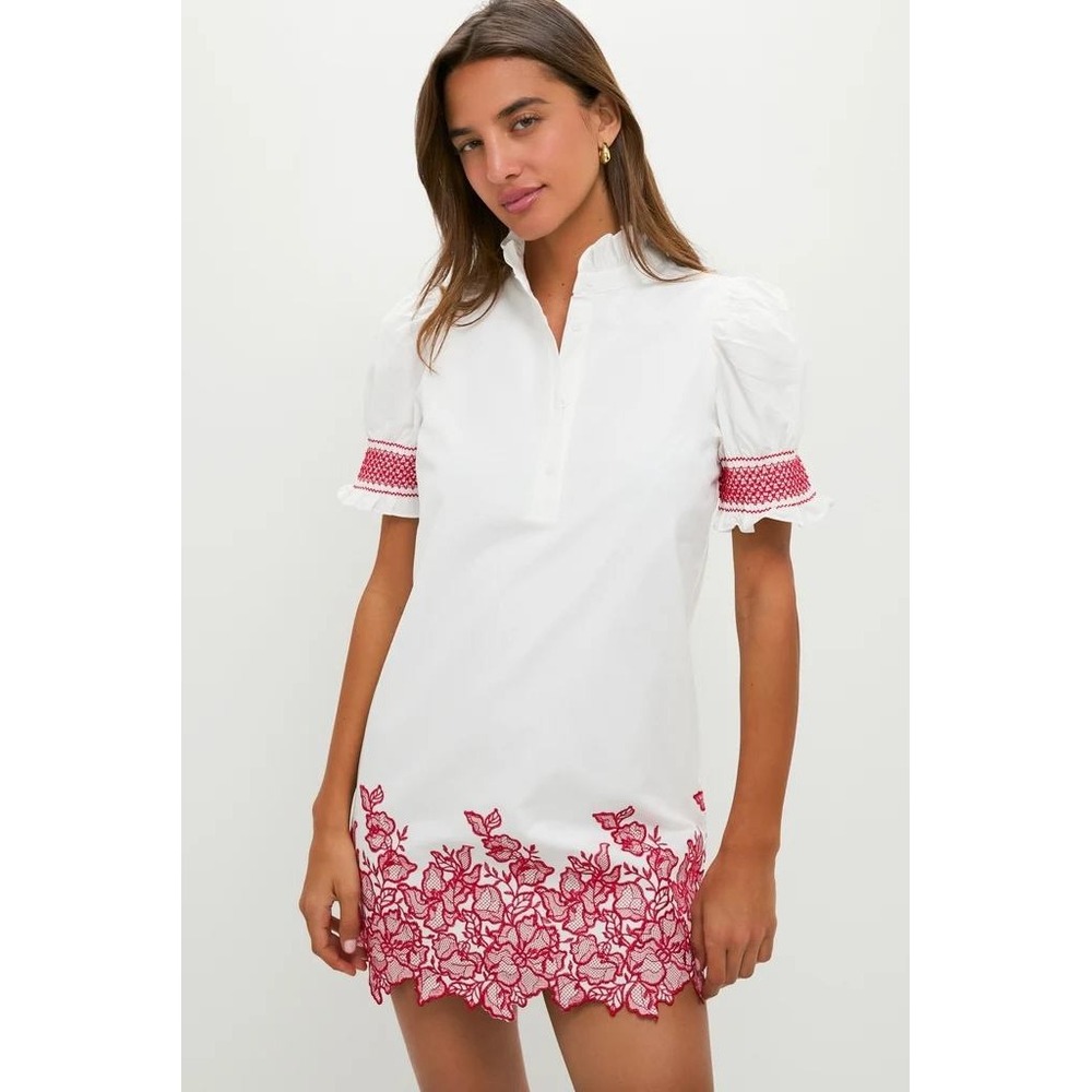 Hyacinth House Eliza Mini Dress White Red Embroidery Smocked Ruffle Neck NWT M